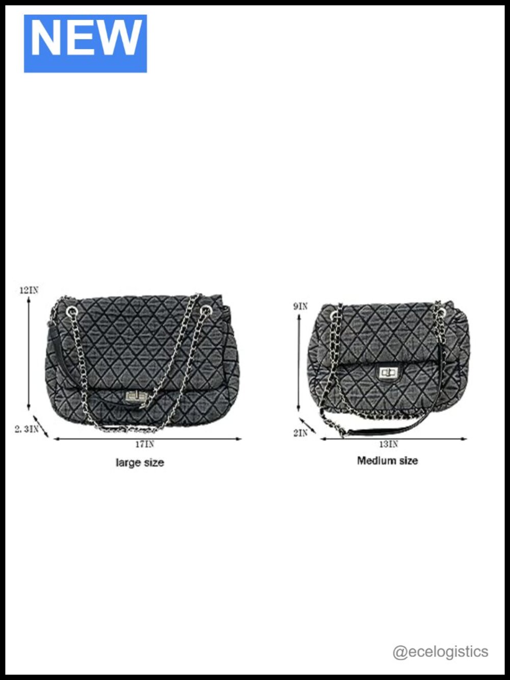 Washed Denim Tote Bag Retro Diamond Quilted Chain Strap Handbag - Picture 5 of 6
